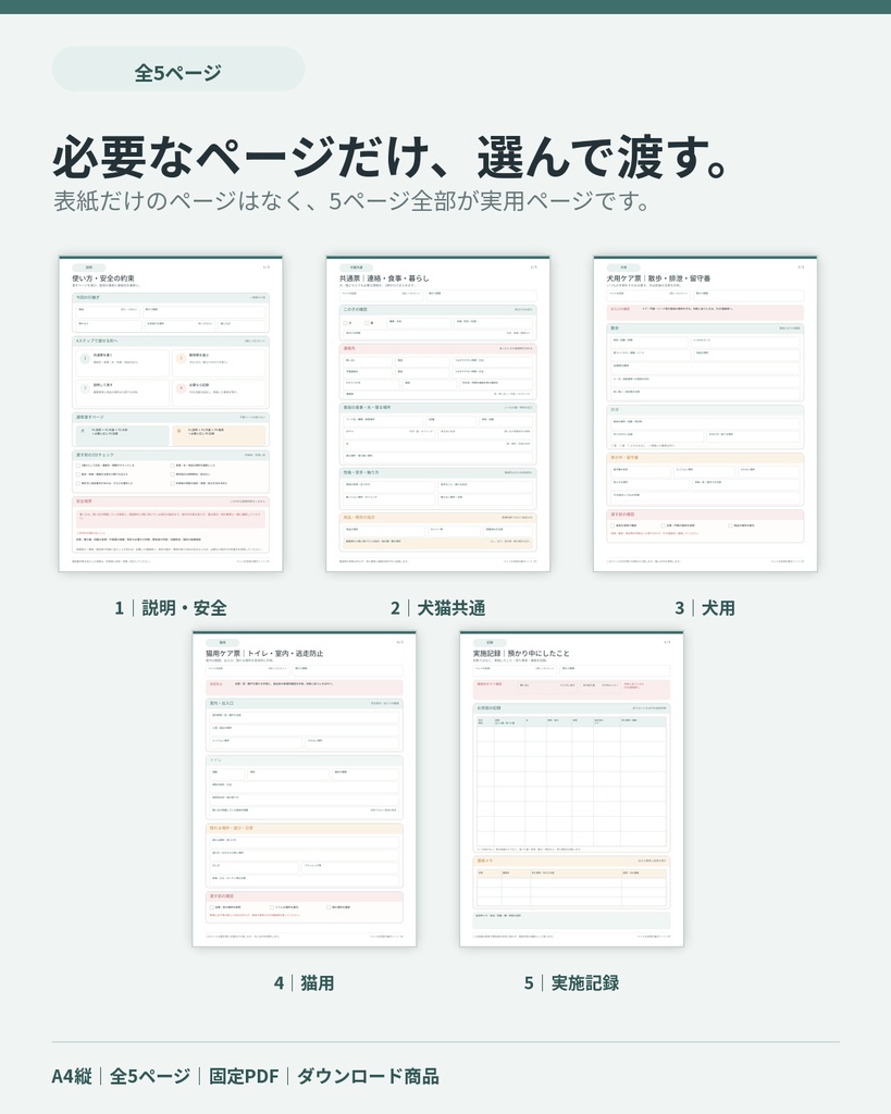 ペットお世話引継ぎシート 犬・猫|旅行・入院【A4・全5ページPDF】