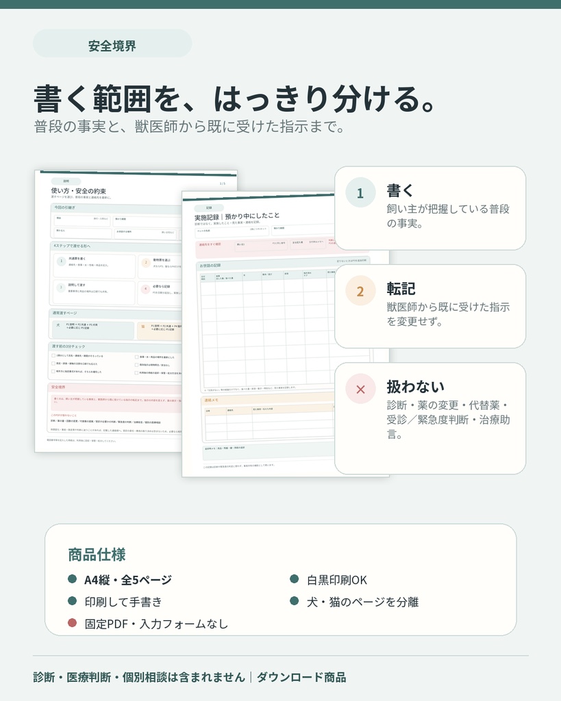 ペットお世話引継ぎシート 犬・猫|旅行・入院【A4・全5ページPDF】