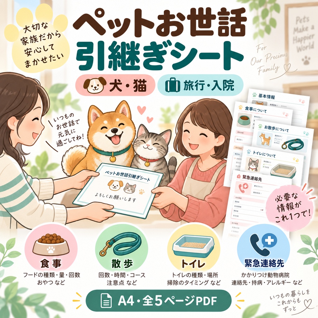 ペットお世話引継ぎシート 犬・猫｜旅行・入院【A4・全5ページPDF】