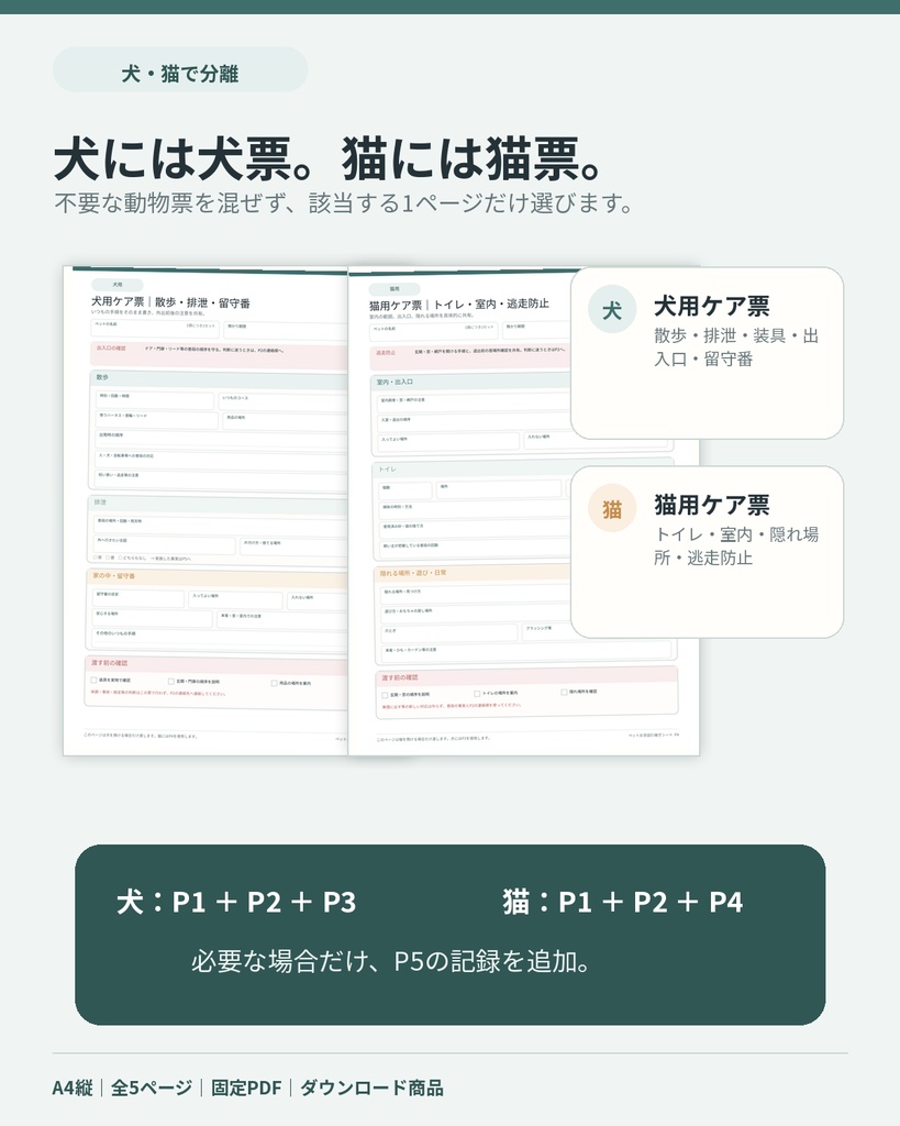 ペットお世話引継ぎシート 犬・猫|旅行・入院【A4・全5ページPDF】