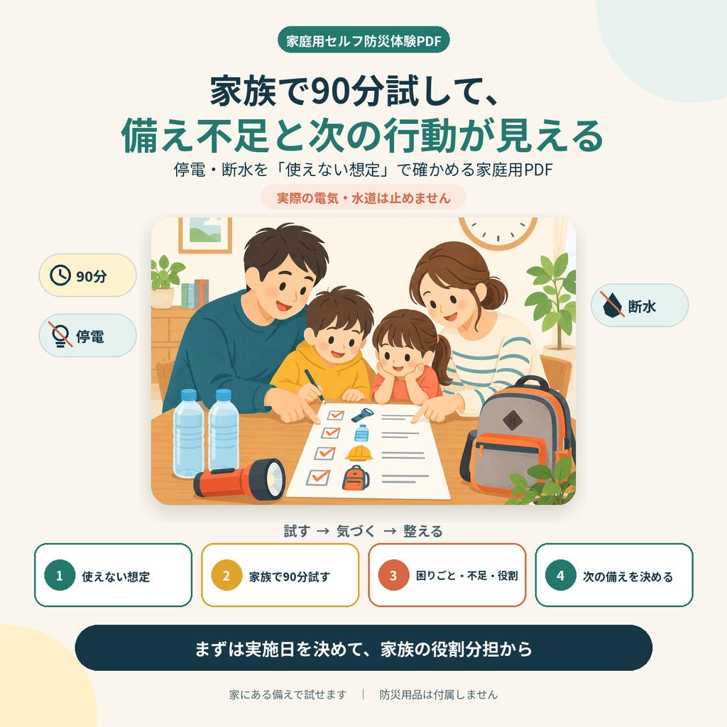 家族で試す 在宅避難90分｜停電・断水を「使えない想定」で確かめる家庭用防災体験PDF
