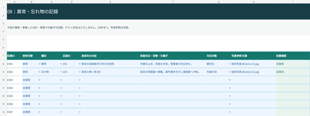 民泊|物件別ターンオーバー清掃・補充・異常報告シート【XLSX】