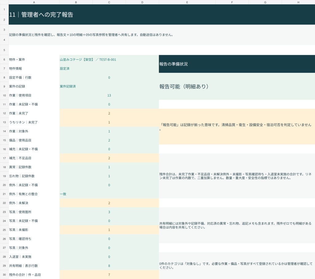 民泊|物件別ターンオーバー清掃・補充・異常報告シート【XLSX】