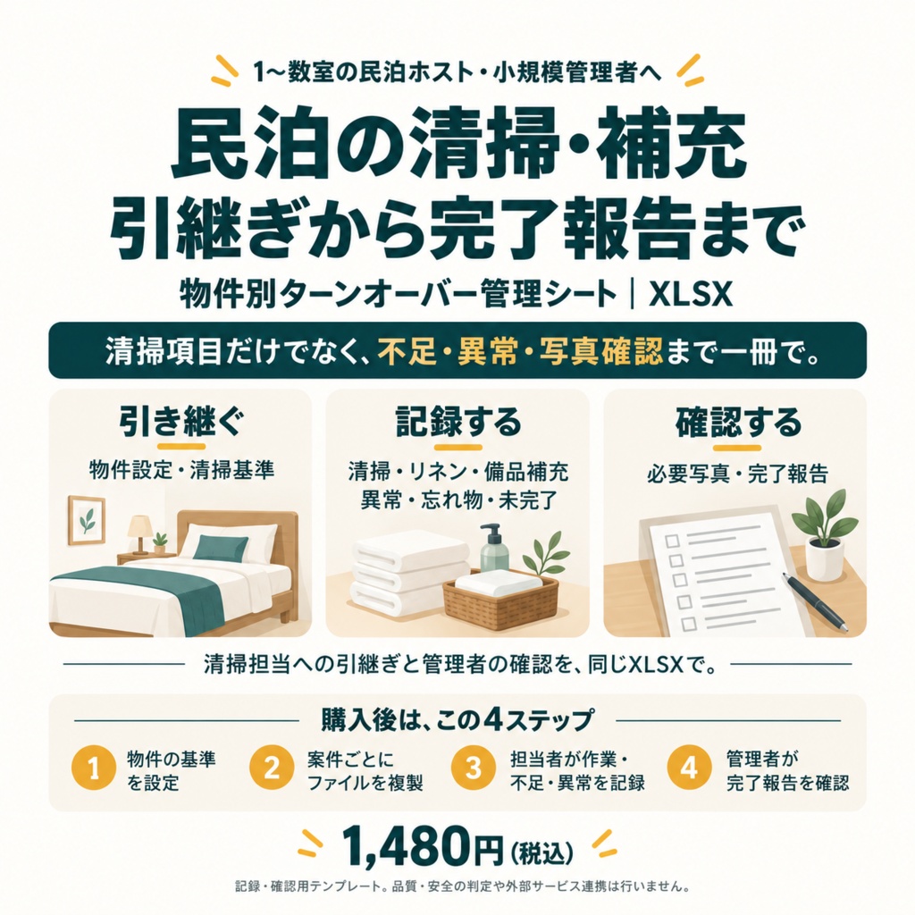 民泊｜物件別ターンオーバー清掃・補充・異常報告シート【XLSX】