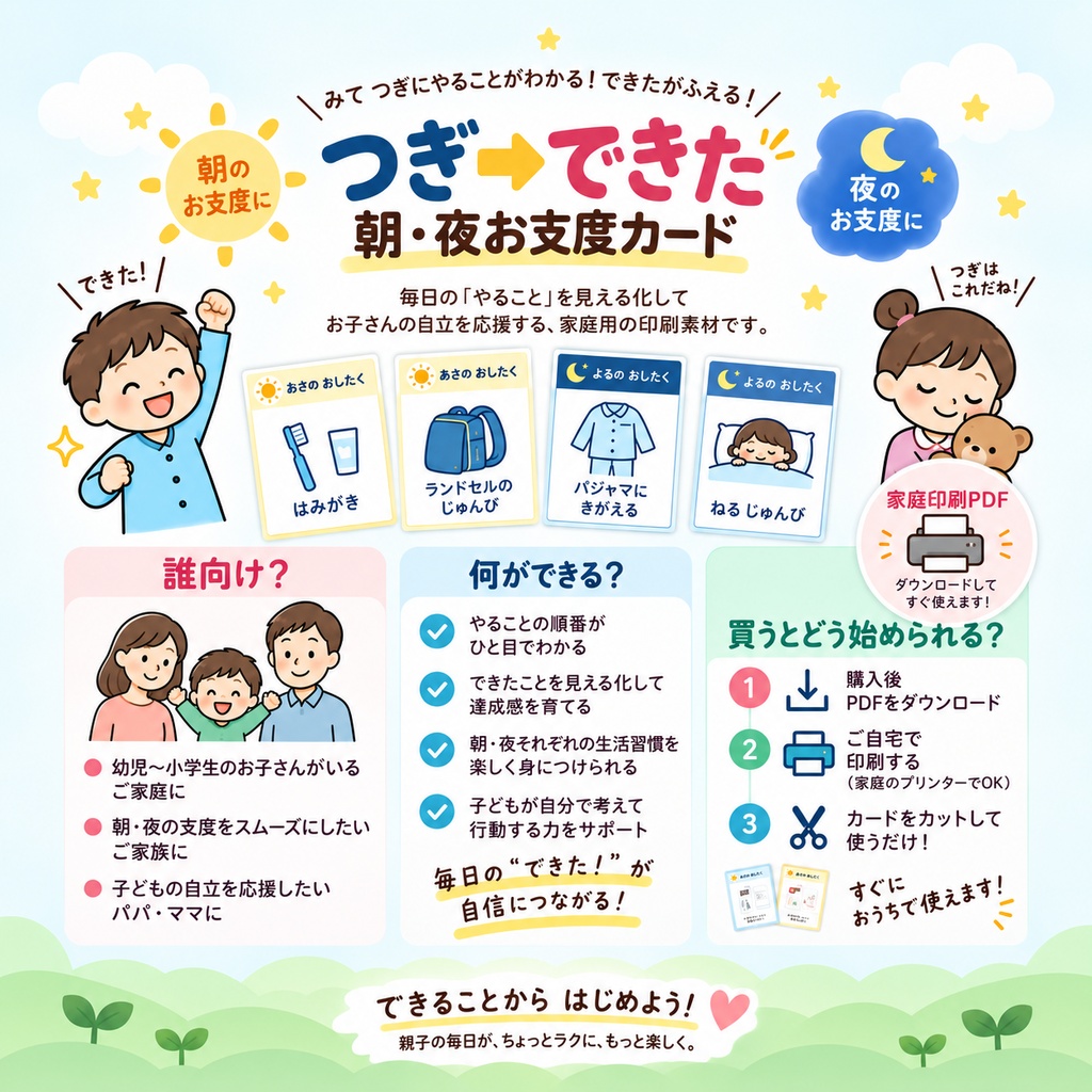 つぎ→できた 朝・夜お支度カード｜家庭印刷PDF