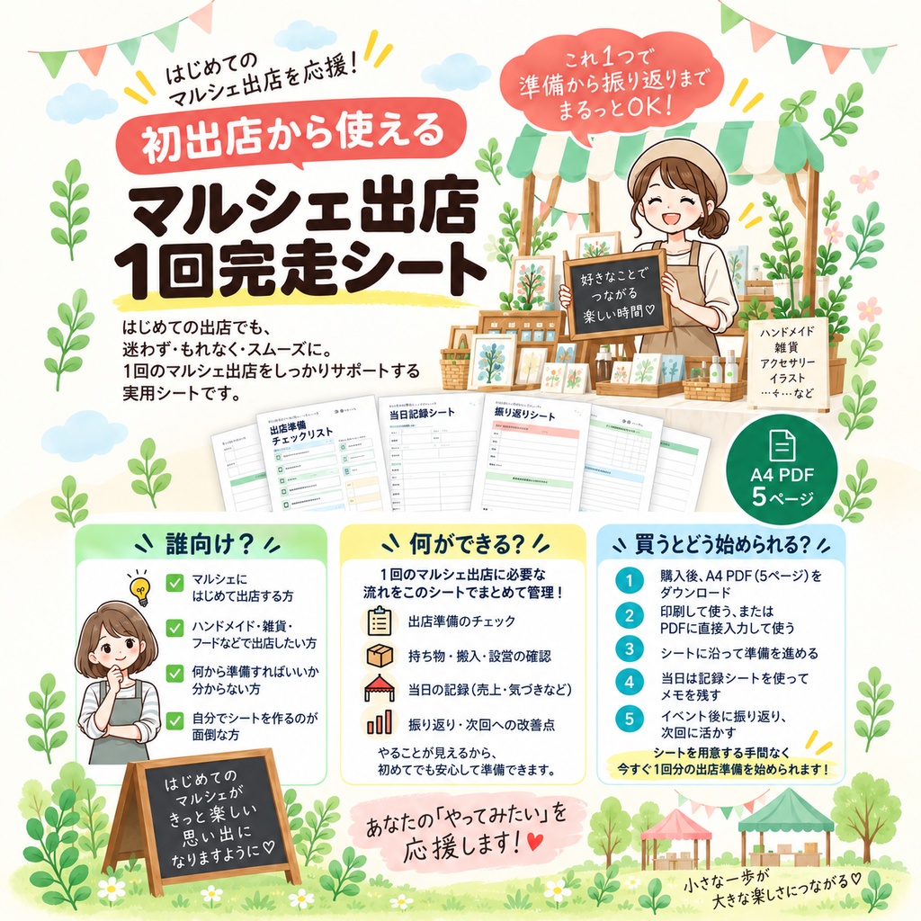 初出店から使える｜マルシェ出店1回完走シート｜準備・当日記録・振り返り｜A4 PDF 5ページ