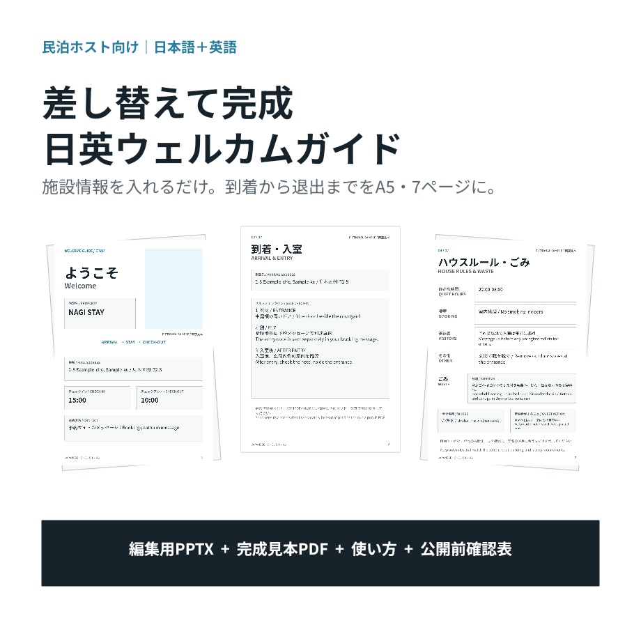 差し替えて完成|民泊の日英ウェルカムガイド|編集用PPTX+見本PDF
