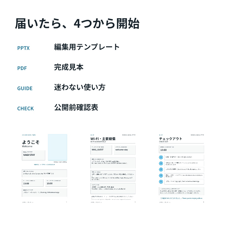 差し替えて完成|民泊の日英ウェルカムガイド|編集用PPTX+見本PDF