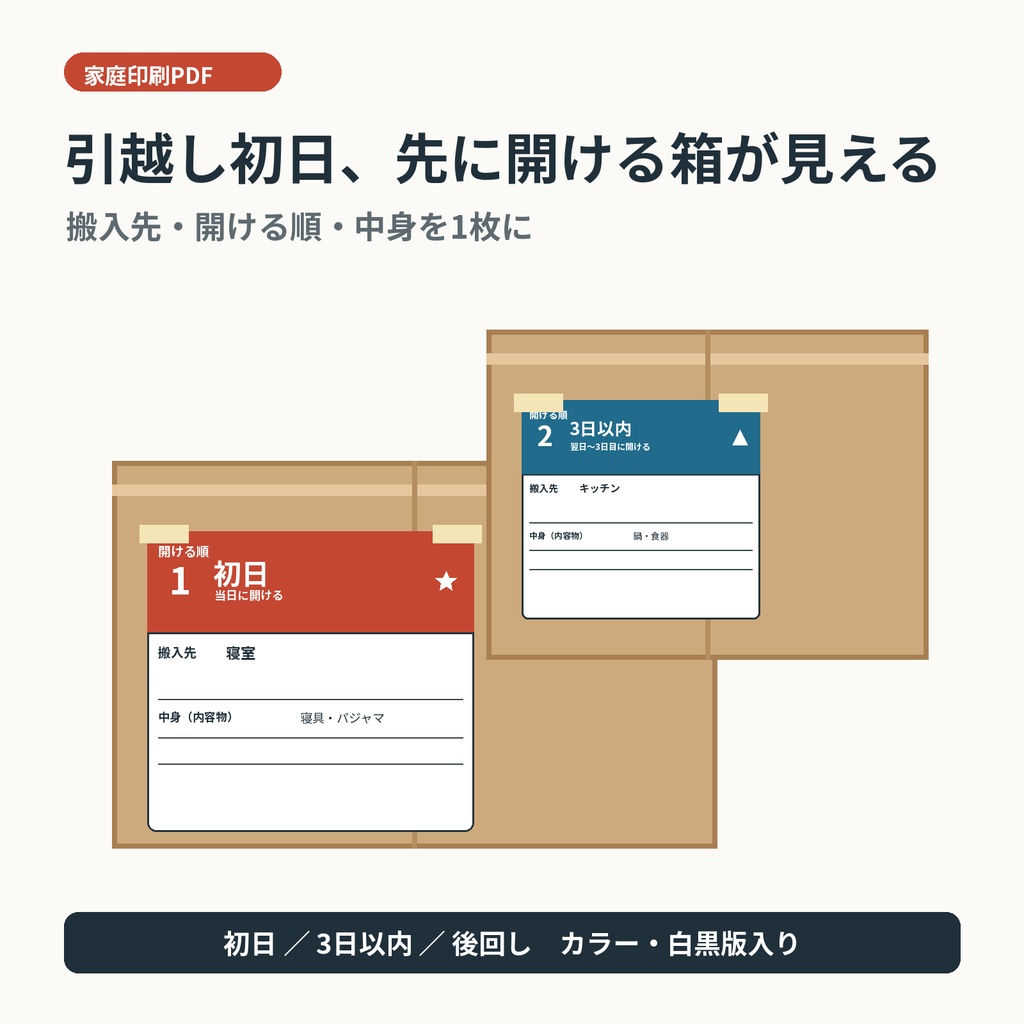 引越し初日が見える 開梱順ラベル