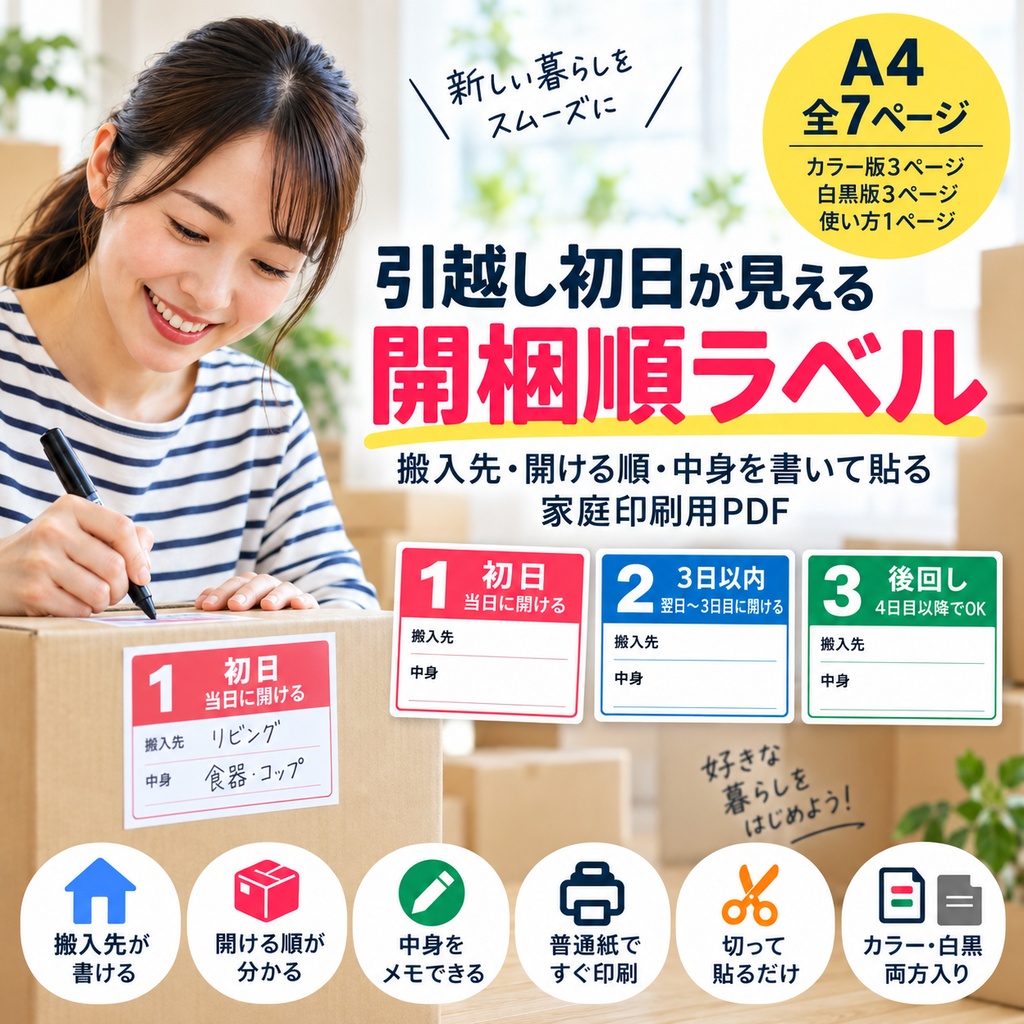 引越し初日が見える 開梱順ラベル