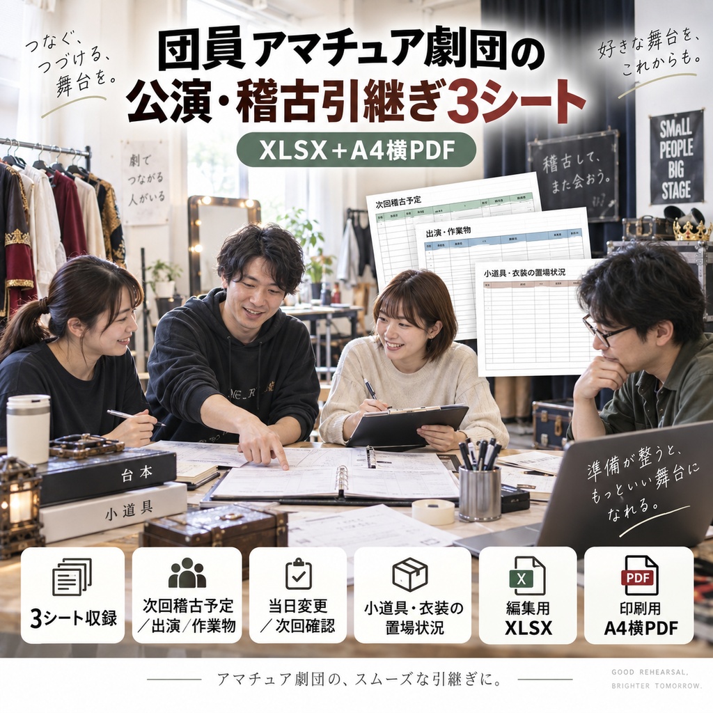 団員アマチュア劇団の公演・稽古引継ぎ3シート｜XLSX＋A4横PDF