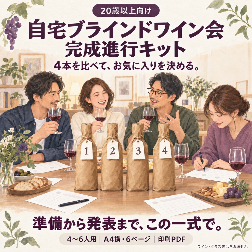 ワイン4本を比べてお気に入りを決める 20歳以上向け 自宅ブラインドワイン会 完成進行キット