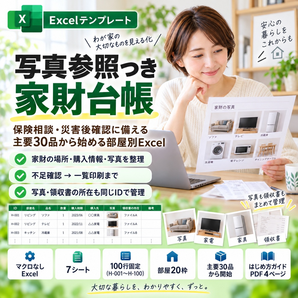 保険相談・災害後確認に備える 写真参照つき家財台帳｜主要30品から始める部屋別Excel