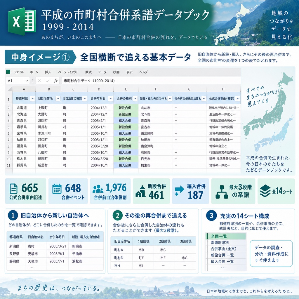 平成の市町村合併系譜データブック 1999–2014|旧自治体から後継・再合併まで追跡