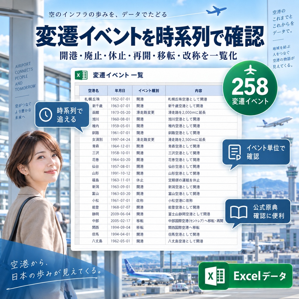 日本の公共用空港 変遷データブック 1952–2021|開港・移転・改称・滑走路変更を追跡