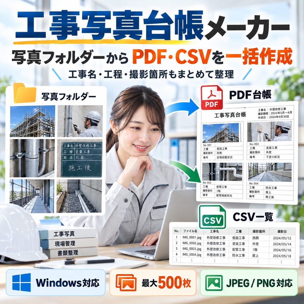 工事写真台帳メーカー｜写真フォルダーからPDF・CSVを一括作成【Windows・最大500枚】