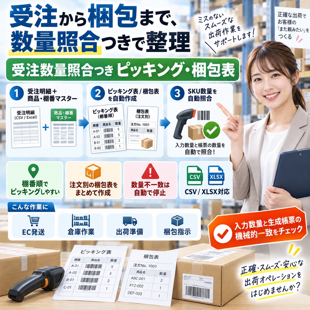 注数量照合つきピッキング・梱包表