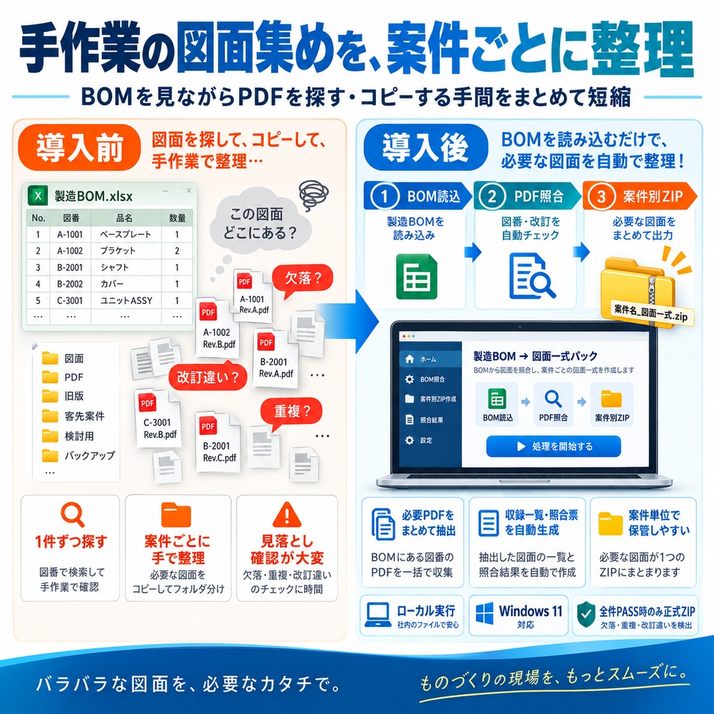 製造BOM→案件別・図面一式パック|図番・指定改訂・PDFを全件照合
