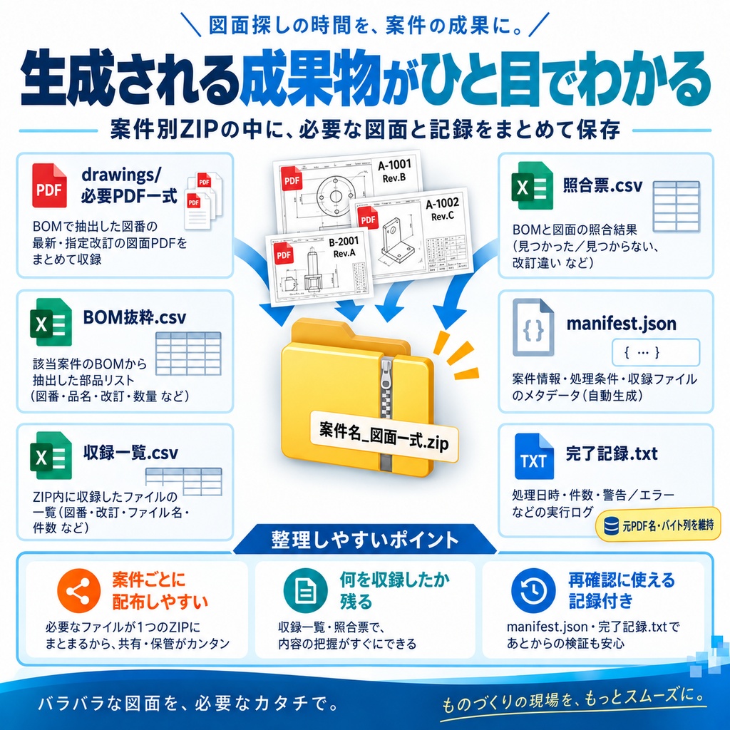 製造BOM→案件別・図面一式パック|図番・指定改訂・PDFを全件照合