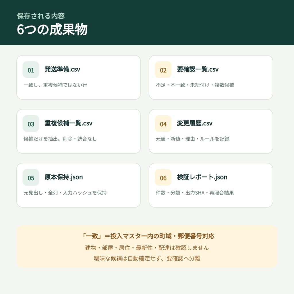 顧客住所CSV→公開住所マスター基準の発送準備・要確認分類