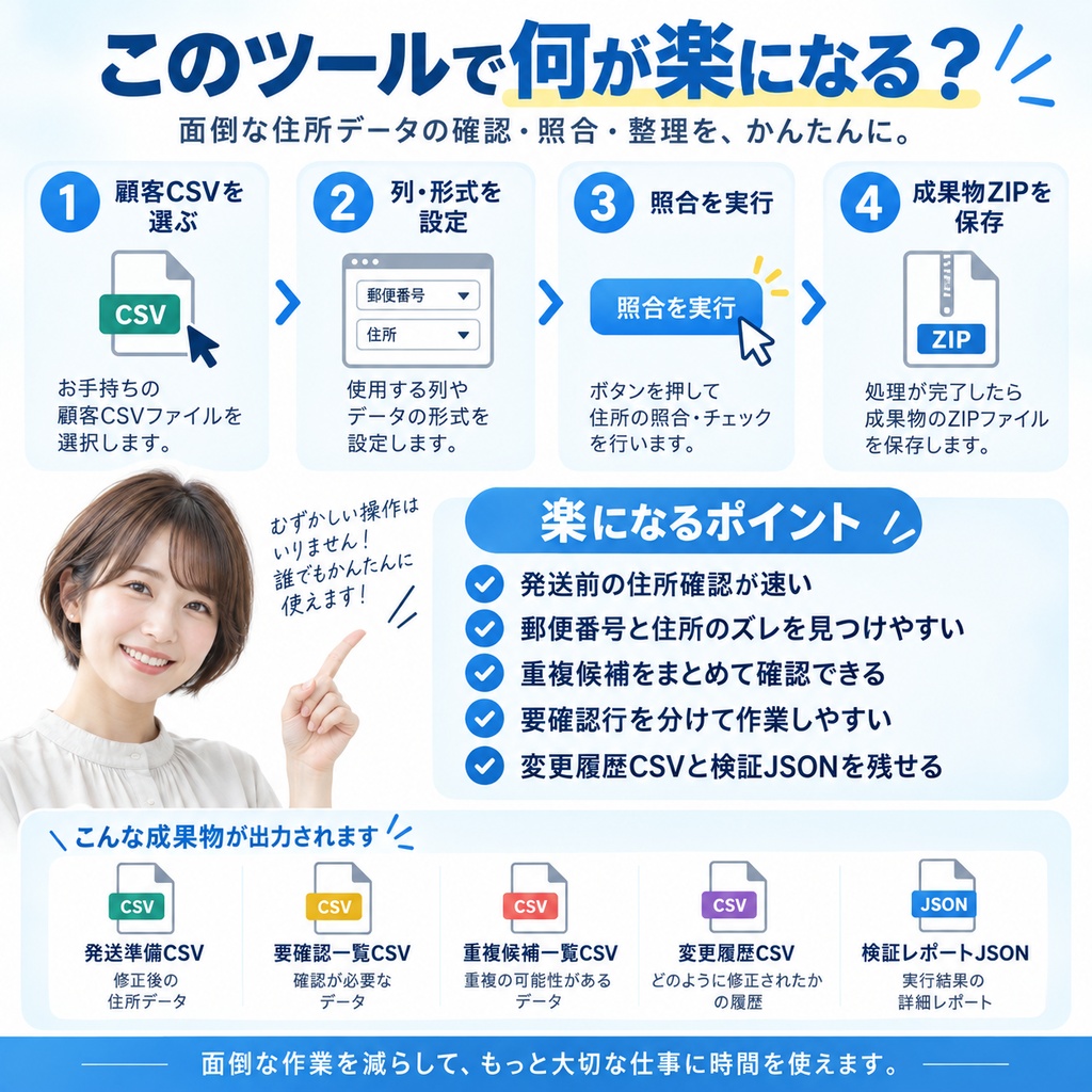 顧客住所CSV→公開住所マスター基準の発送準備・要確認分類