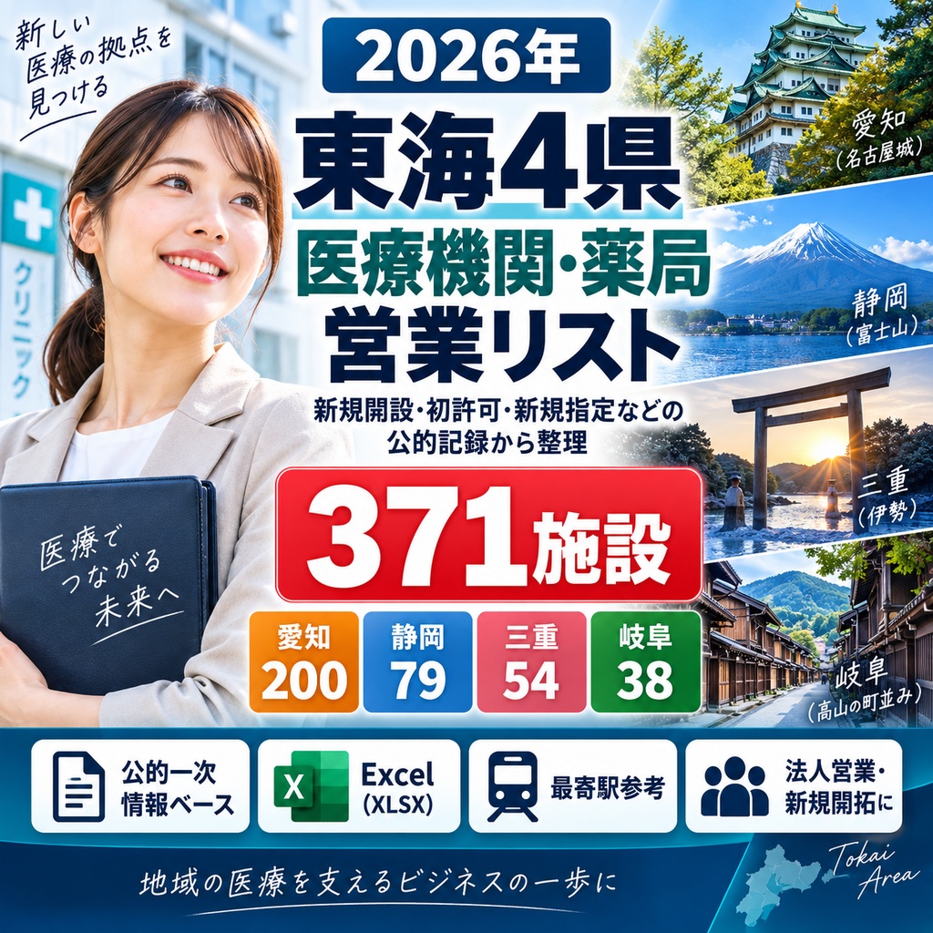 【2026年】東海4県 医療機関・薬局 営業リスト371施設｜新規開設・初許可・新規指定｜Excel