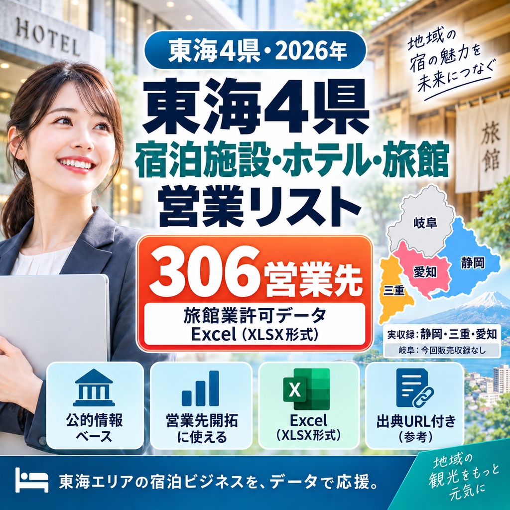 【2026年】東海 宿泊施設・ホテル・旅館 営業リスト306施設|旅館業許可データ|Excel
