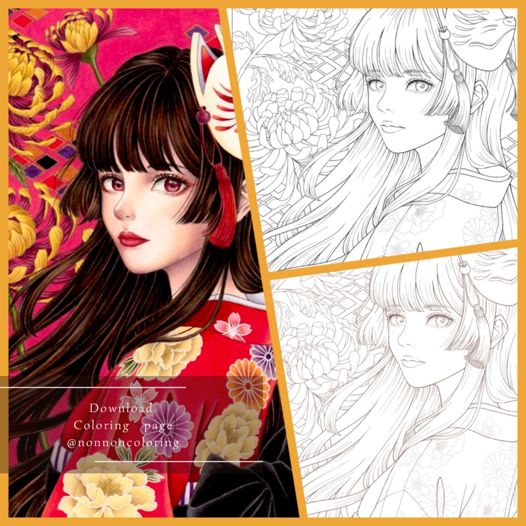 塗り絵線画/狐面と菊