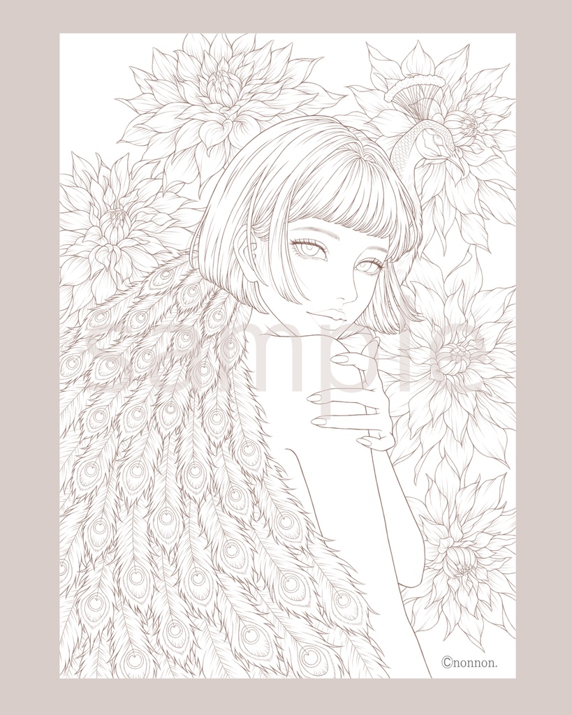 塗り絵用線画/孔雀 peacock