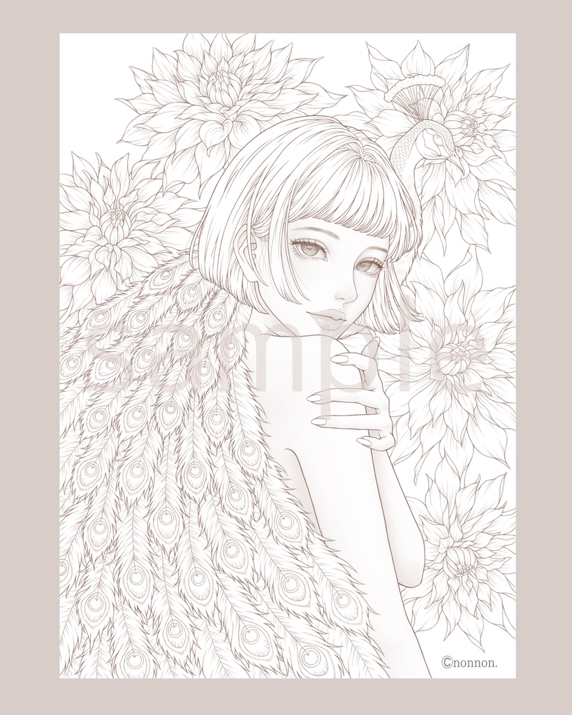 塗り絵用線画/孔雀 peacock