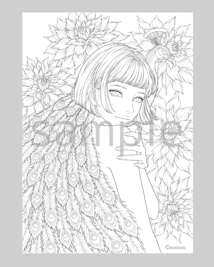 塗り絵用線画/孔雀 peacock