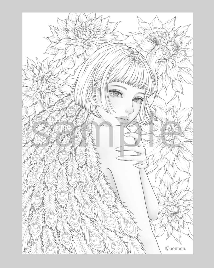 塗り絵用線画/孔雀 peacock