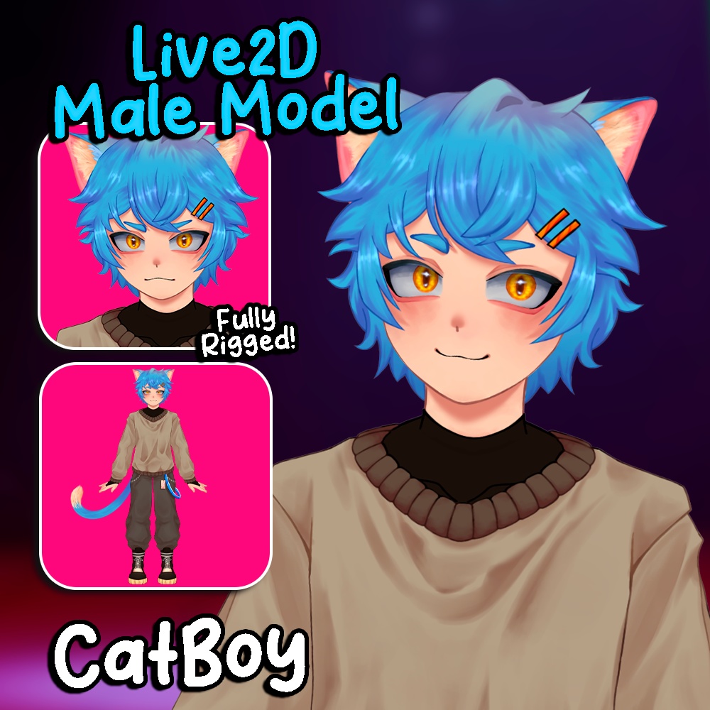 【Live2Dフルリグ男性Vtuberモデル】猫耳少年キャラクター | Fully Rigged Live2D Male CatBoy Avatar