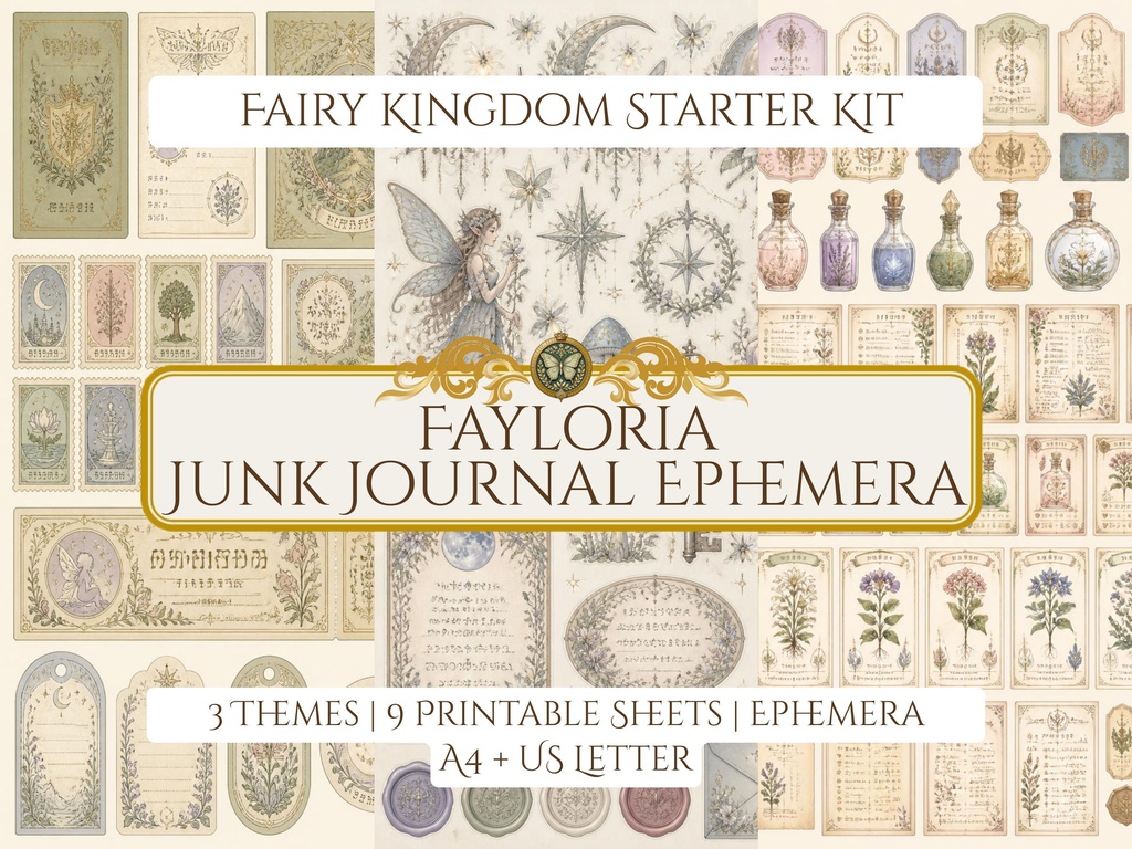 Fayloria Junk Journal Ephemera｜Fairy Kingdom｜Starter Kit｜妖精王国のジャンクジャーナル素材｜3テーマ・9枚セット