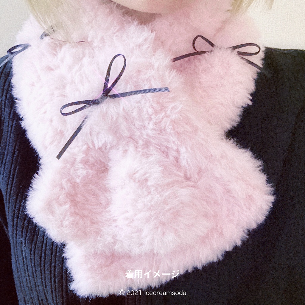 ファーマフラー グレー×くすみブルーリボン