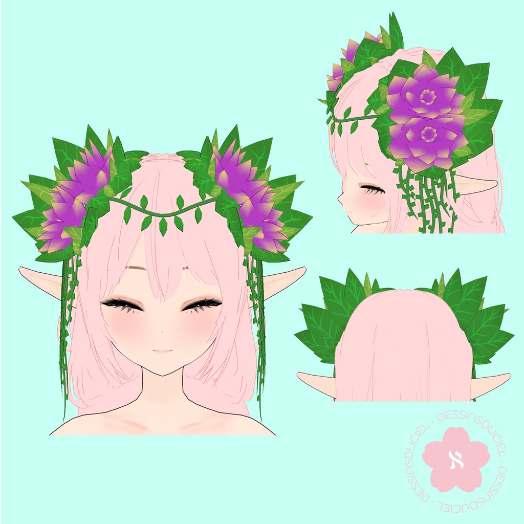 【VRoid】Elf headdress with Violet Flowersエルフの紫の花飾り