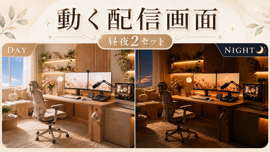 【動く配信背景】昼と夜の配信部屋|4Kループ昼夜2セット