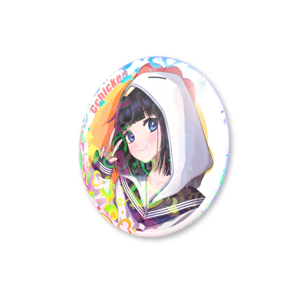 Cチキンハートホログラム缶バッジ 5cm(よくリュックなどにつけるサイズ)