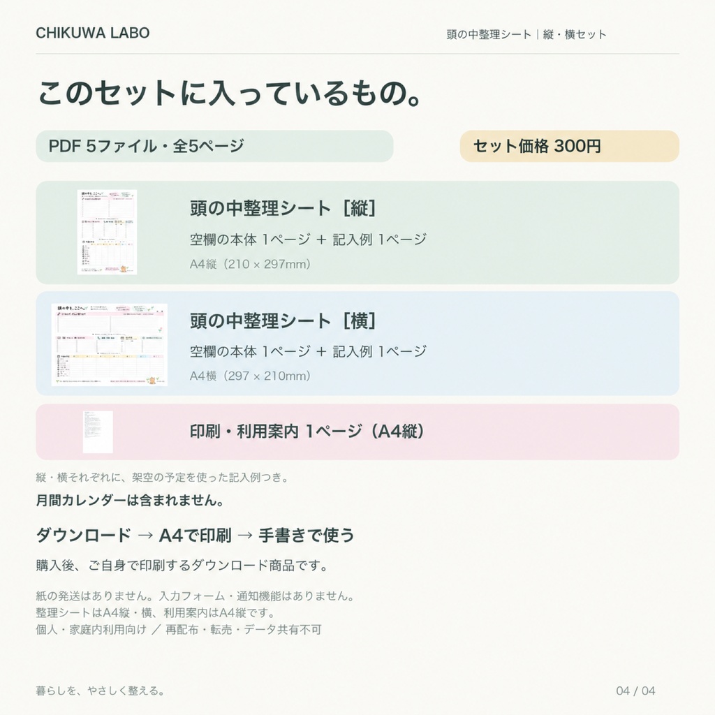 頭の中をすっきり整理|頭の中整理シートPDFセット