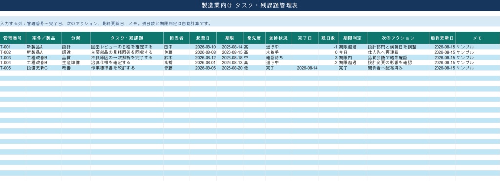 製造業向け_タスク・残課題管理Excel_Ver1
