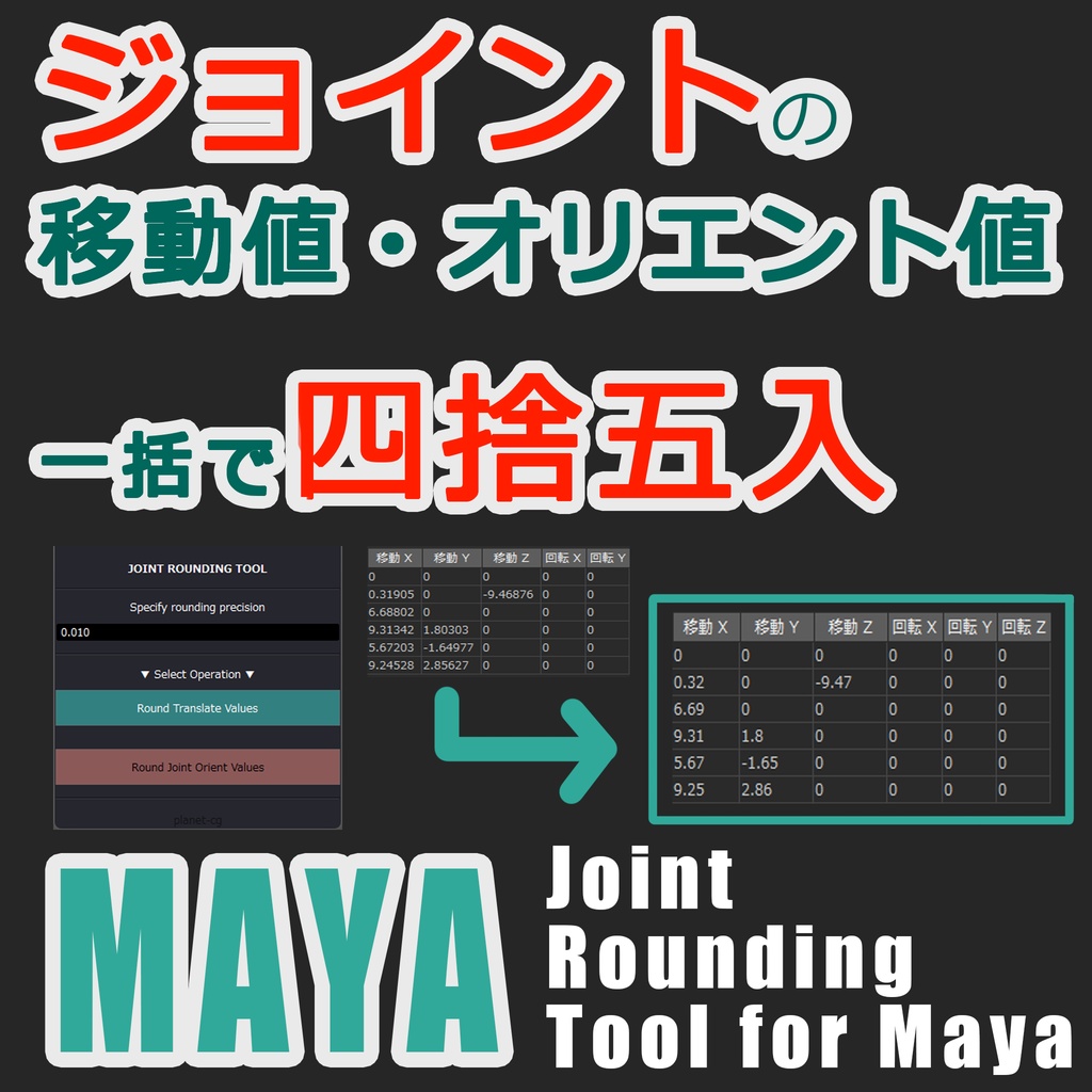 【無料！ジョイントの移動値・オリエント値の四捨五入！】planet-cg_Joint Rounding Tool for Maya