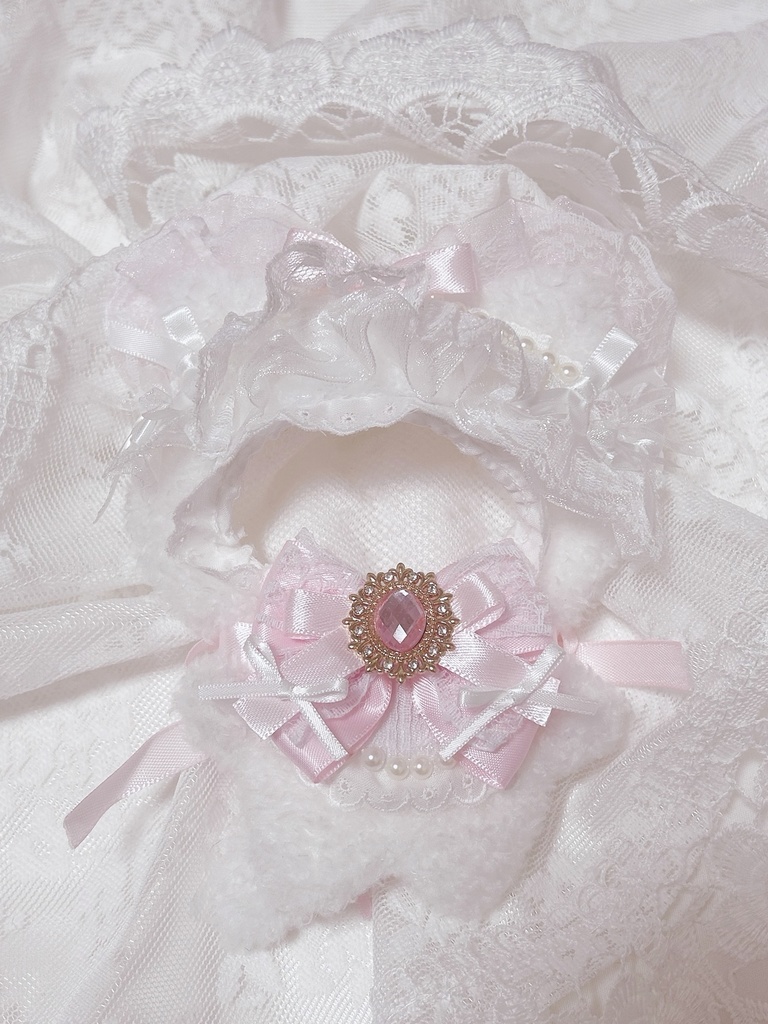 【10～13cm ぬい服】ねこみみ レース リボン ピンク