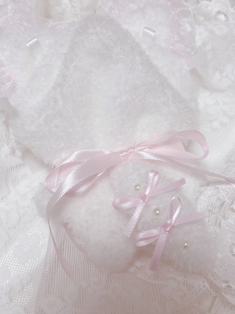 【10~13cm ぬい服】ねこみみ レース リボン ピンク