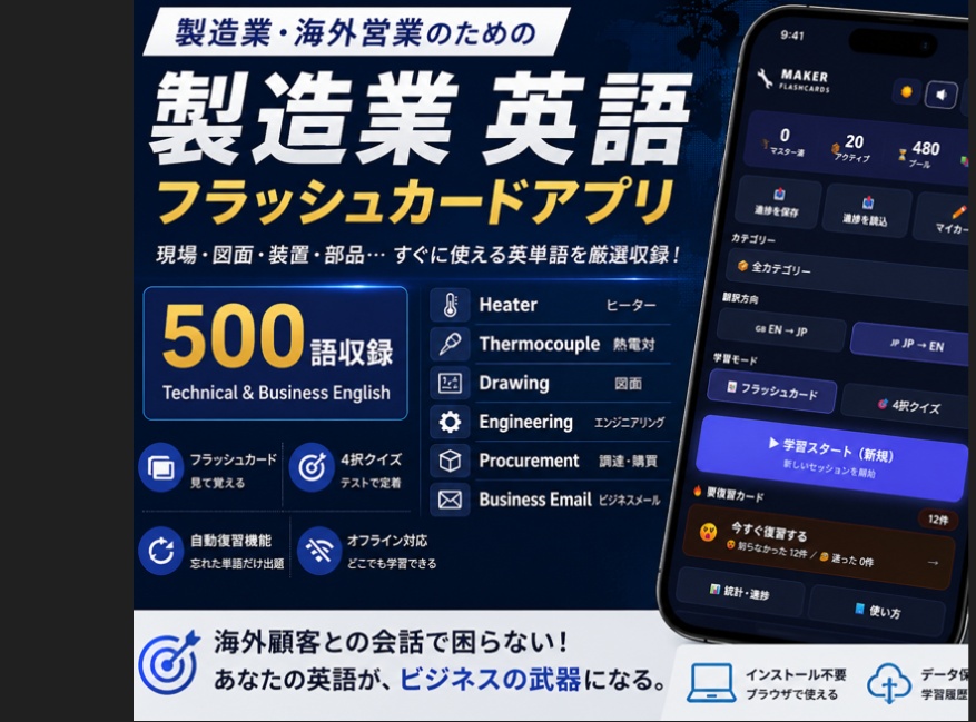 製造業の現場英語500語｜フラッシュカードアプリ