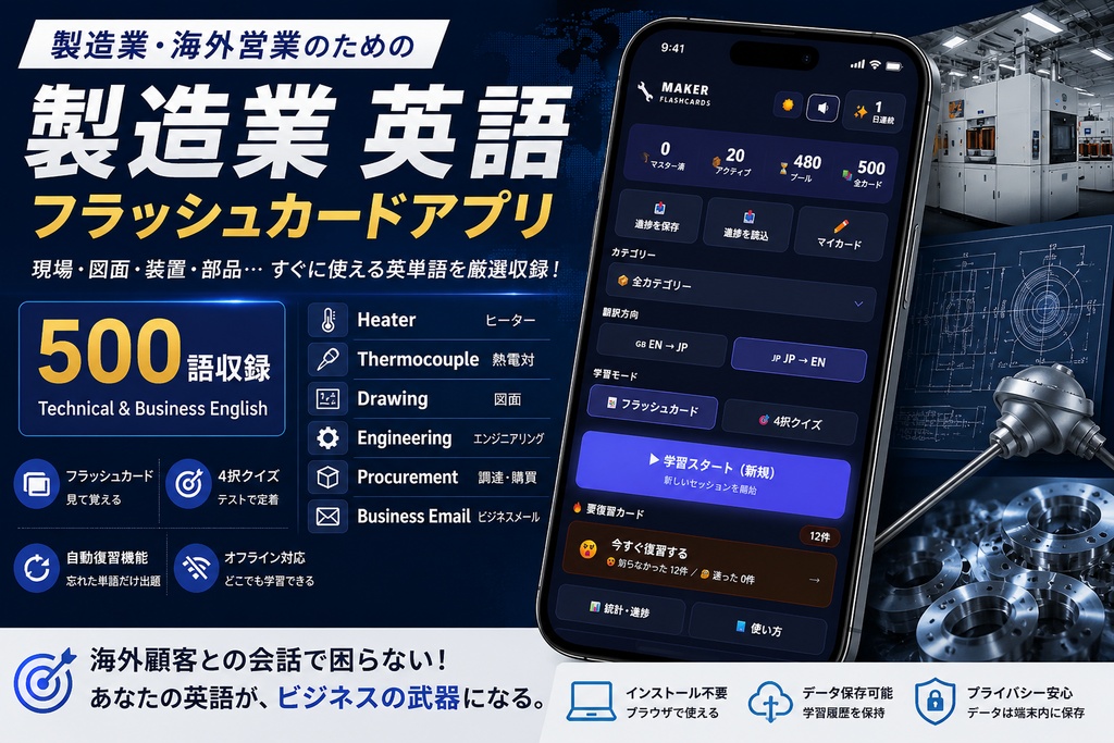 製造業の現場英語500語|フラッシュカードアプリ