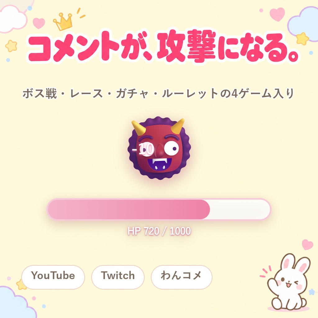 【OBSに置くだけ】コメントでボスを倒す 視聴者参加型ミニゲーム｜Twitch/わんコメ対応（罰ゲームルーレット付き）