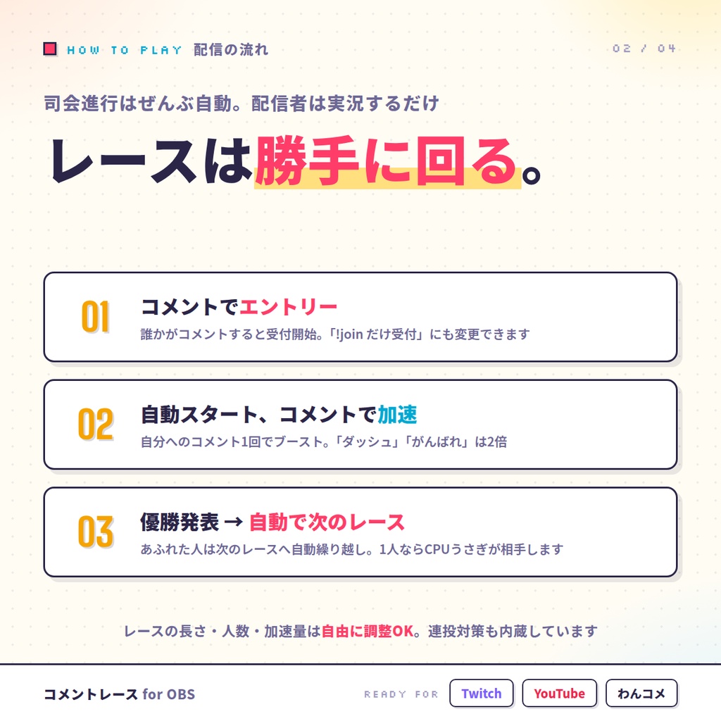 【OBSに置くだけ】コメントレース|視聴者の名前が走る参加型レース for 配信(Twitch/わんコメ対応)