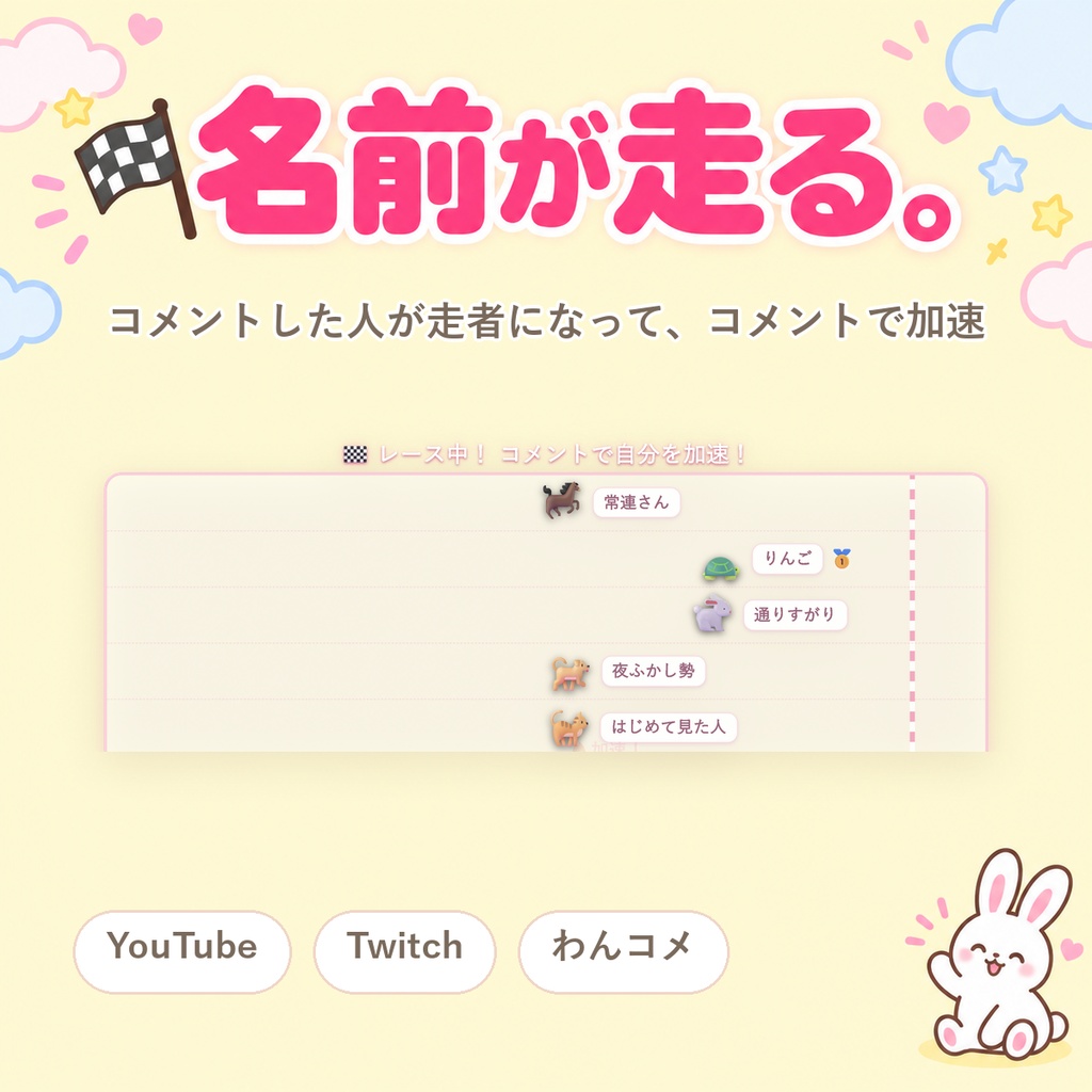 【OBSに置くだけ】コメントレース｜視聴者の名前が走る参加型レース for 配信（Twitch/わんコメ対応）