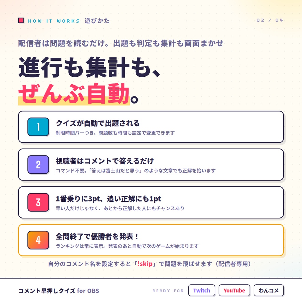【OBSに置くだけ】コメント早押しクイズ|視聴者がチャットで答える参加型クイズ for 配信(Twitch/わんコメ対応)
