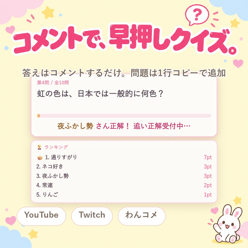 【OBSに置くだけ】コメント早押しクイズ｜視聴者がチャットで答える参加型クイズ for 配信（Twitch/わんコメ対応）